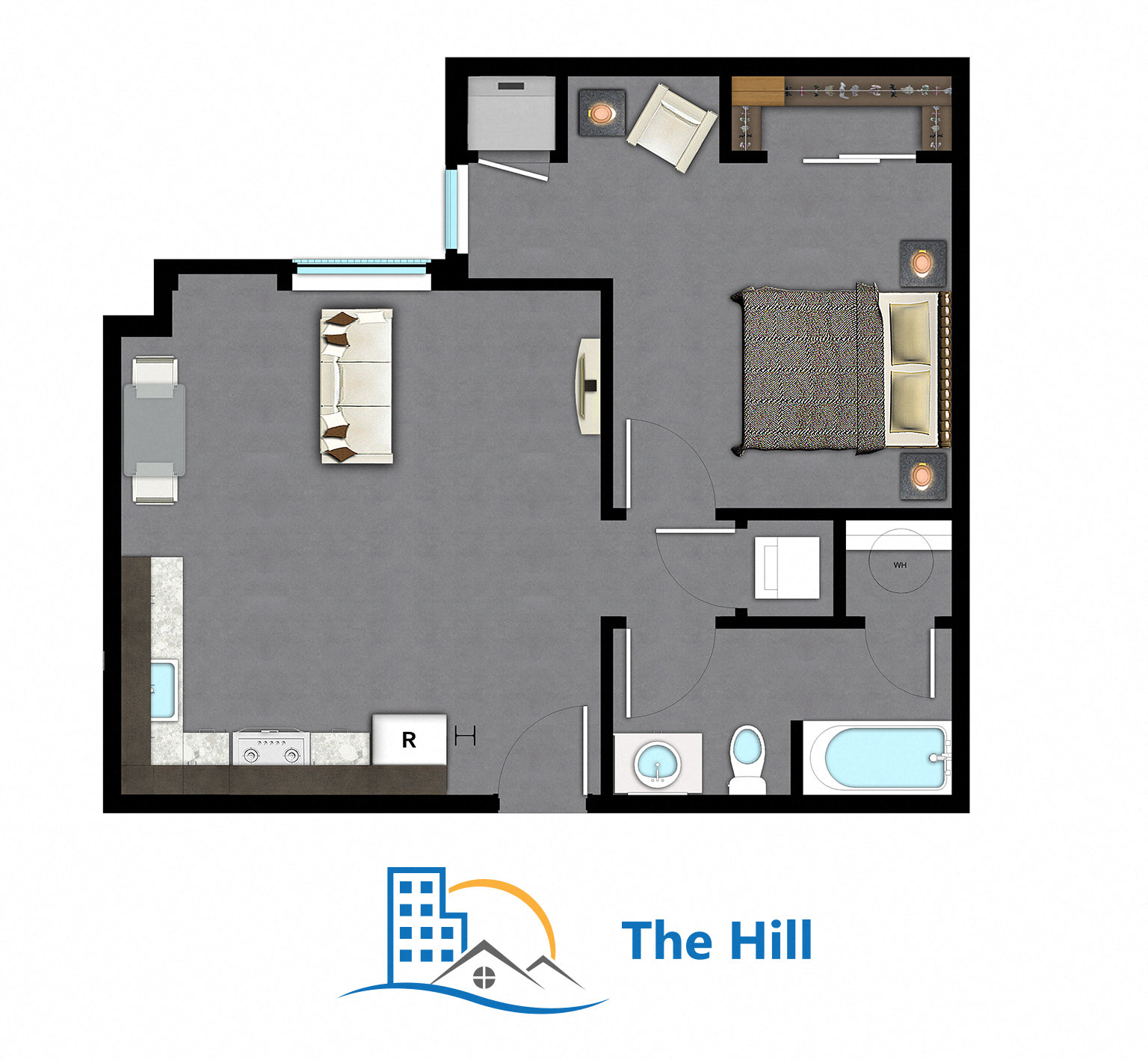 Floor plan for 1 bed, 1 bath, 570 sqft